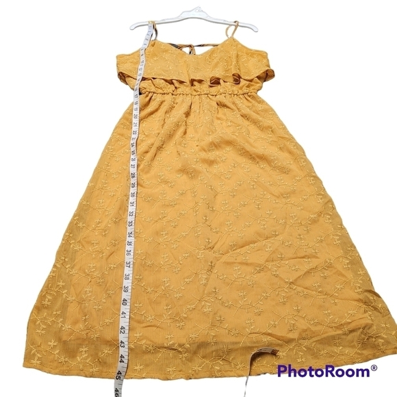Spirit Of Grace Mustard Yellow Marigold Flounce V-Neck Embroidered Midi Dress M - Picture 8 of 9